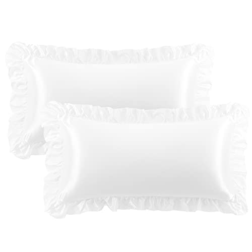 PiccoCasa 2er Set Kissenbezug Satin Kissenbezüge mit Romantischen Rüschen Kopfkissenbezug Uni Glatt Glänzend Kissenhülle mit Hotelverschluss Weiß 40×80cm
