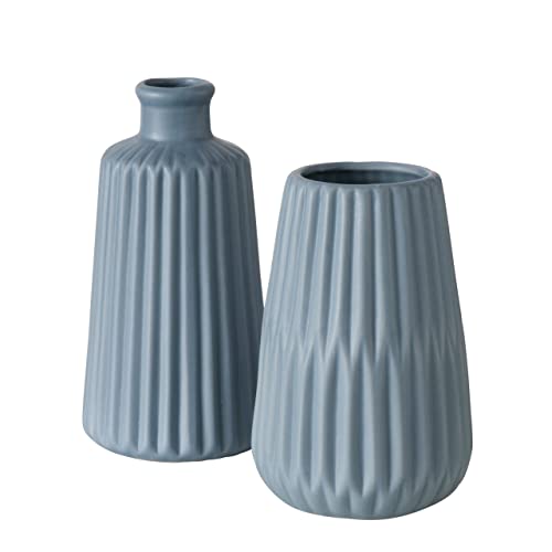 Boltze Vasen Set Esko 2-teilig, Blumenvasen aus Keramik, ø ca. 8,5 cm, ohne Blumen, skandinavischer Stil, Blau Matt