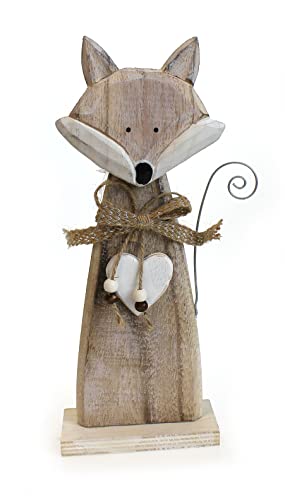 Deko Figur Fuchs mit Herz 29 cm, Holz Braun, weiß gekalkt Landhausstil, Tierfigur Herbstdekoration Winter