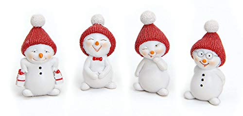 TEMPELWELT 4X Deko Figur Schneemann Im Set Je 5 cm Klein, Polystein Weiß Rot, Dekofigur Kranzdeko Winterdeko Weihnachten Schneemänner Winterfiguren