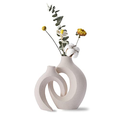 Keramik Vase Matt, 2er Set beige Vase Für Pampasgras, vasen deko, Vase Mit Loch Nordic Ring Form Moderne Wohnkultur für Haus Büro Deko Dekoration