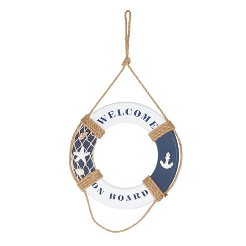 HEITMANN DECO Holz-Rettungsring Welcome on Board - Maritime Dekoration für innen zum Aufhängen - Wanddeko, Badezimmer - Blau-Weiß, 25 x 25 x 3 cm