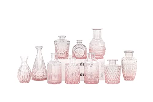 Pinke Glasvasen, 10 Stück, Mini-Vintage-Vasen für Hochzeitsdekorationen, Heimtisch-Blumendekoration, kleine Geschnitzte Glasvasen für Tafelaufsätze, Eingänge (Rosa)