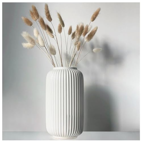 Gerippte Vase Weiß 20 cm Hoch, Modern Blumenvasen aus Keramik für Tischdeko Innenbereich, Deko Vasen für Pampasgras