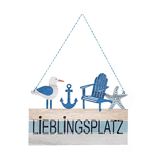 Logbuch-Verlag maritimes Türschild LIEBLINGSPLATZ natur blau weiß mit Möwe & Anker - Deko Wandschild aus Holz 24 cm