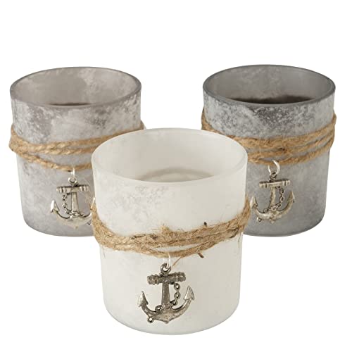 Seaside No.64 - Windlicht Kerzenglas 3er-Set - grau matt gepudert Glas - maritimes Design mit Anker - Geschenk Kerzenhalter - Teelicht Tischdekoration