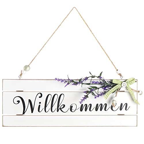 com-four® Türanhänger Willkommen - Türschild aus Holz zum Aufhängen mit Kunstblüte, Schleife und Holzperlen - Aufhänger zur Frühlingszeit, Ostern und Sommer (01 Stück - weiß/schwarz)