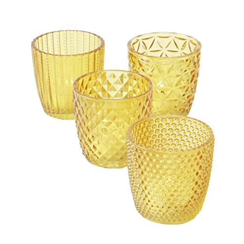Boltze Windlicht Set Marilu 4-teilig (gelb, Deko-Gläser für Kerzen / Teelichter, Kerzenständer ø 8 cm, verschiedene Muster, Form rund, Teelichthalter) 2001878
