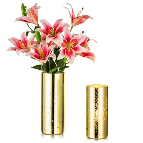 Glasseam Glasvase Zylinder Vase Gold, Deko Vasen Glas 2 Stück, Mercury Goldene Vase für Tulpen Rose Hochzeit Tischdeko, Dekovase Blumenvase Modern Kerzenhalter, Zylindervasen Glas für Wohnzimmer Deco