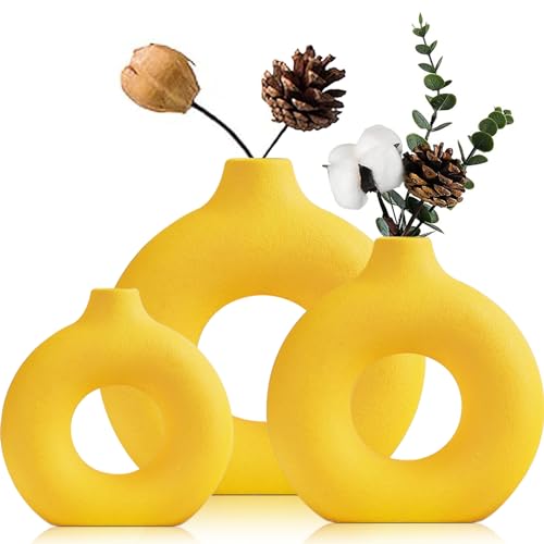Vasen Deko- Gelb Donut Keramik Vasen Set 3,Vase für Pampasgras Modern Skandinavische Deko,Boho Beige Vase für Wohnzimmer,Flur,Hochzeit,Fensterbank,Tisch,Party Home Deko……