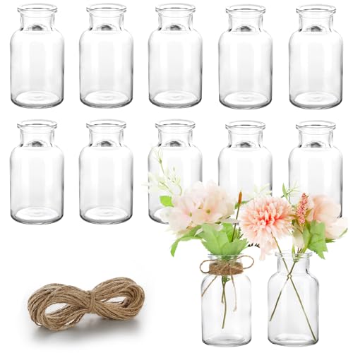 Lannvan Kleine Glasvasen - 12er Set Kleine Vasen für Tischdeko Hochzeit - Deko Vasen Set mit 8m Juteschnur - Mini Glasvasen für Tischdeko - Spülmaschinenfest -10.5cm Hoch