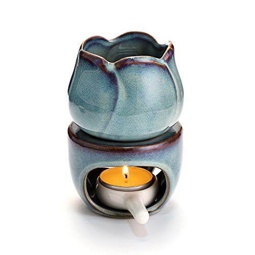 BSTKEY Keramik-Duftlampe für ätherische Öle, Wachsschmelzbrenner mit Kerzenlöffel, dekorativer Aroma-Teelichthalter, Ölbrenner für Wachsschmelzen, Blumenmodell (blau)