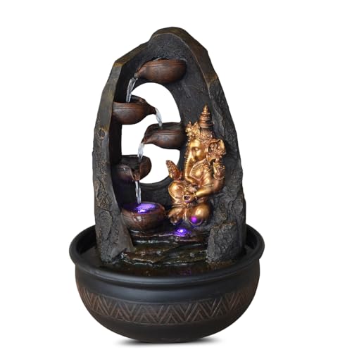 Zen'Light Buddha Ganesh Innenbrunnen mit farbenfrohen LED-Licht-Feng Shui Zen Dekoration-Brunnen des Büros Salon Schlafzimmer-Bed-Träger-H 40 cm-Mystic, Harz, Schwarz + Gold, Large