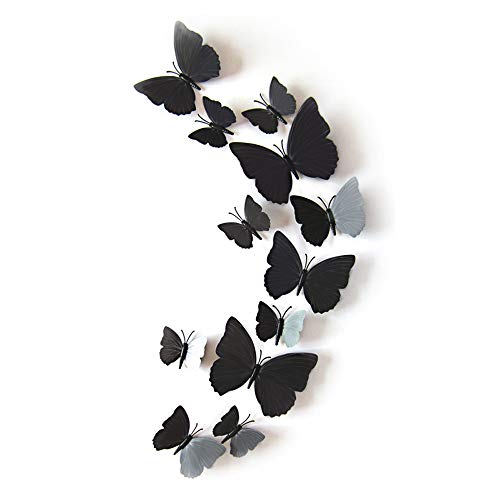 JUN-H 12 Stück 3D Schmetterlinge Set Wandtattoo Wasserdicht PVC Aufkleber DIY Wandkunst Wanddeko für Wohnung, Raumdekoration Klebepunkten+Magnet (Schwarz)