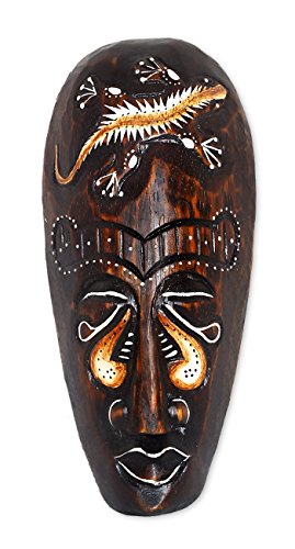 TEMPELWELT Wanddekoration Maske Holzmaske mit Gecko Motiv 20 cm, Holz braun weiß, Kunsthandwerk Bali Lombok Dekomaske im afrikanischen Stil