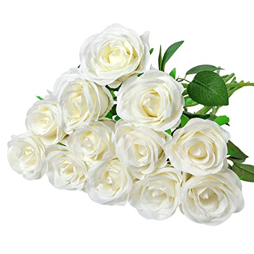 Woltoy 12 Pcs Künstliche Rosen, Weiß Künstliche Blumen Gefälschte Rosen Seide Kunstblumen Weiß für Garten, Hochzeitsfeier, Drinnen und Draußen