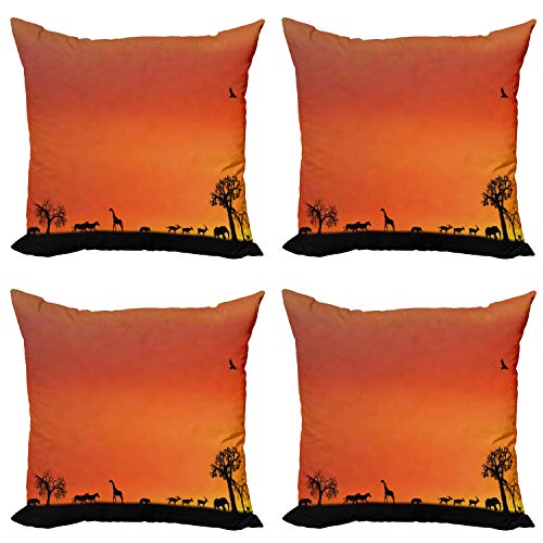 ABAKUHAUS Afrika Dekokissen Kissenbezug 4er Pack, Safari Sonnenuntergang mit Gull, Modern Accent Doppelseitiger Digitaldruck, 45 x 45 cm, Burnt Orange Schwarz