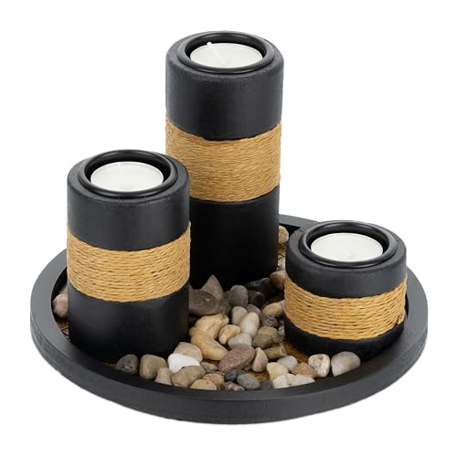 Relaxdays Teelichthalter Set mit Tablett & Steinen, Ø 19,5 cm, Tischdeko Wohn-& Esszimmer, Kerzenhalter, schwarz/braun
