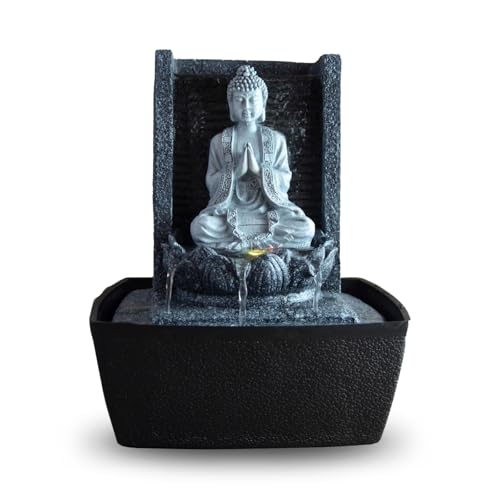 Zen'Light - Zimmerbrunnen Nirvana - Wasserfall mit Buddha & Weißer LED-Beleuchtung - Moderne Zen Deko, Ideal für Meditation & Entspannung - Feng Shui - H 26cm