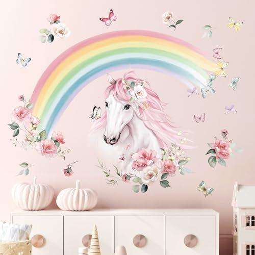 wondever Wandtattoo Regenbogen Groß Wandaufkleber Pferdekopf mit Blumen Wandsticker Wanddeko für Mädchen Kinderzimmer Schlafzimmer Wohnzimmer