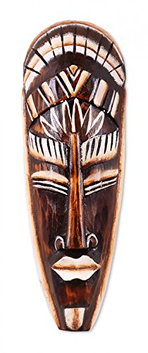 TEMPELWELT Wanddekoration Maske Holzmaske Bali 30 cm, Holz braun weiß, Kunsthandwerk Bali Lombok Dekomaske im afrikanischen Stil