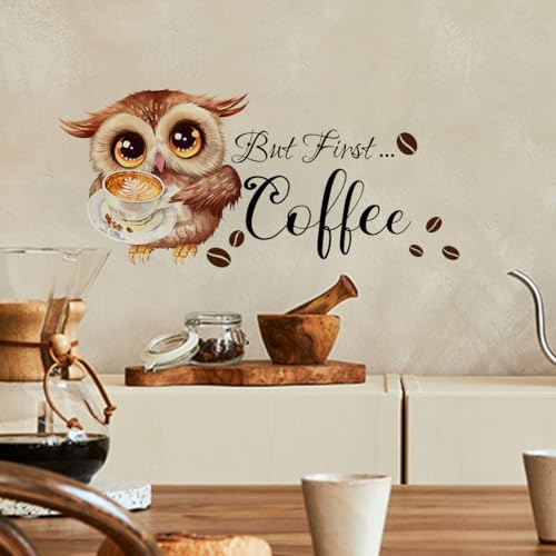 HGDESIGN® Wandtattoo Wandaufkleber Kaffee Zeit But First Coffee Eule Cappuccino Wandsticker Wanddeko für Küche Esszimmer (B)