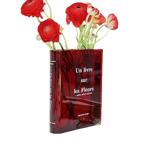 Jiakalamo 1 Pc Büchervase, Buch Vase, Acryl Künstlerische Kulturelle Anordnung Buch Form Home Decor Blumenvase Geschenk Buch Vase Glas Bücherregal Deko(Rot,15x4x20cm)