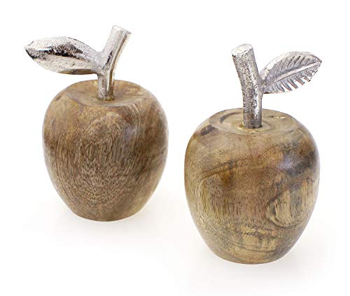TEMPELWELT 2X Deko Figur Apfel im Set je 13 cm, Mangoholz Holz Natur braun Aluminium Silber, Dekofigur Dekoapfel Holzapfel Herbst Herbstdeko