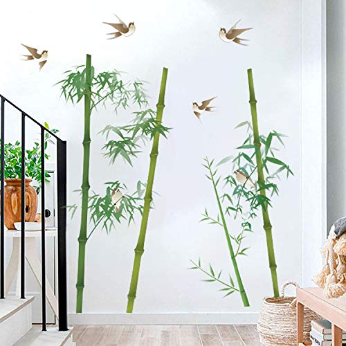 Runtoo Wandtattoo Bambus Grün Wandsticker Pflanzen Vögel Wandaufkleber Bad Wohnzimmer Schlafzimmer