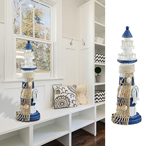 Cepewa Leuchtturm aus Holz | H 33 cm | blau weiß | mit Fischen und Netz | Deko im maritimen Design