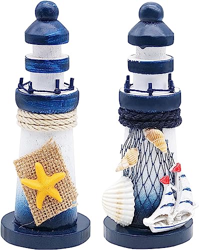 JJQHYC 2 Stück Leuchtturm aus Holz Maritime Dekoration Nautische Badezimmer Deko Mediterrane Blau Leuchtturm Ornamente