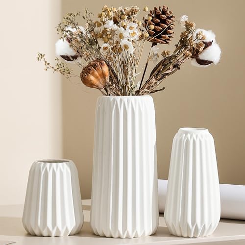 Sawoake Weiße Keramikvase 3er Set - Moderne minimalistische böhmische Vase - Bauernhaus rustikale Kaminsims & Bücherregal Dekoration - Geräumige Vase für Wohnzimmer - Eingangsbereich Arbeitsplatte