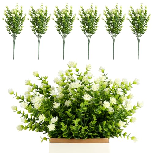 RISF 6 Stück Künstliche Blumen, künstliche balkonpflanzen, Unechte Blumen Deko, Innen Draussen Pflanzen, UV beständig, grüne Sträucher, zum Aufhängen, Pflanzgefäß, Dekoration für Haus und Garten