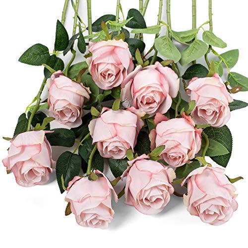 Flojery 10pcs Künstliche Rose Blumen Langer Stiel Gefälschte Seidenrosen für DIY Hochzeitsstrauß Tisch Herzstück Wohnkultur (hellrosa)