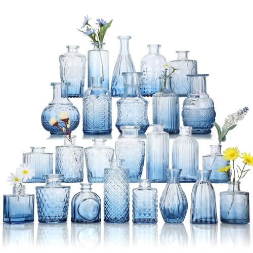Glas Knospe Vase Satz von 25, Mini Blaue Knospe Vase für Tafelaufsätze in Bulk, kleine Vintage Blumenvasen für Hochzeiten Parteien nach Hause Tisch