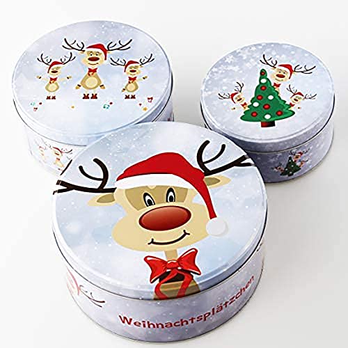 KAMACA 3 er SET Keksdosen Gebäckdosen Aufbewahrungsdosen rund praktisch und stillvoll zu Winter Advent Weihnachten (3er Set Gebäckdose Rentier Ole)