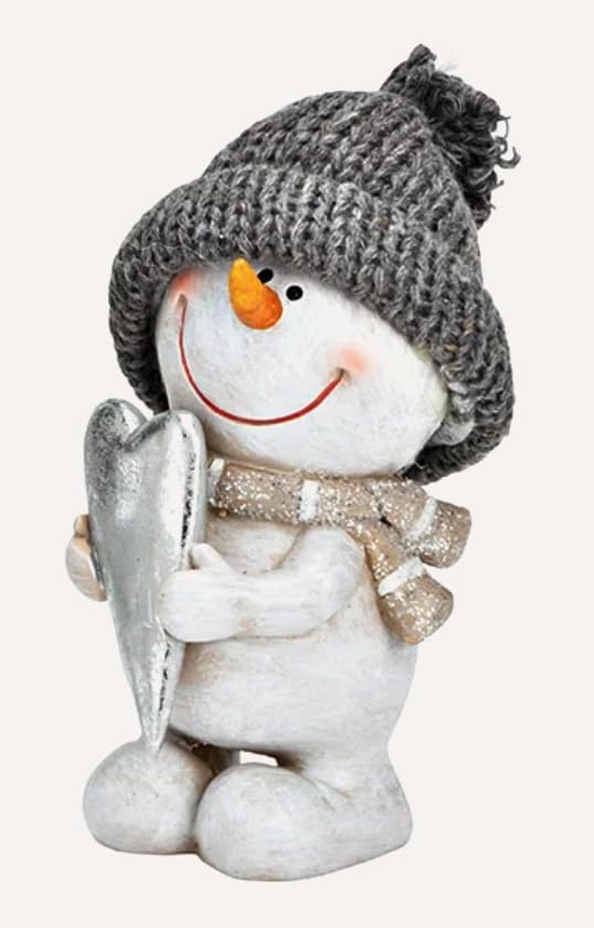 TEMPELWELT Deko Figur Schneemann mit Herz 14 cm, Keramik grau weiß, Dekofigur Schneemannfigur Winterdeko Winter Weihnachten
