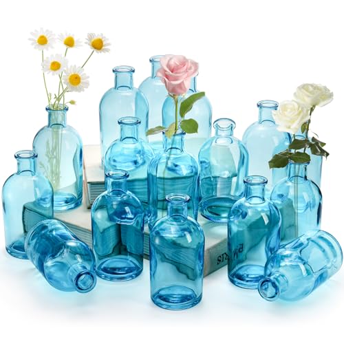 YOUEON 16 Stück Blaue Glasvasen, 250 ml Lebende Knospenvasen, Kleine Glasvasen für Blumen, Dekorative Glasflaschen, Vintage Blumenvasen für Tischschmuck, Hochzeitsempfang, Heimdekoration, Büro