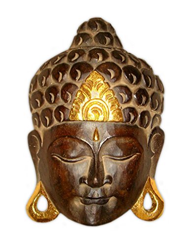 TEMPELWELT Maske Holzmaske Buddha Abbild Wanddekoration Relief aus Holz braun Gold, Buddhakopf Höhe 25 cm handgefertigt Kunsthandwerk aus Bali Lombok Afrika