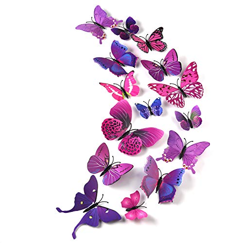 TUPARKA 36 Stück 3D Schmetterlinge Deko Schmetterling Wanddeko Butterfly Wandsticker 3D Wandtatoo Schmetterlinge Balkon Deko (Pink-Lila)