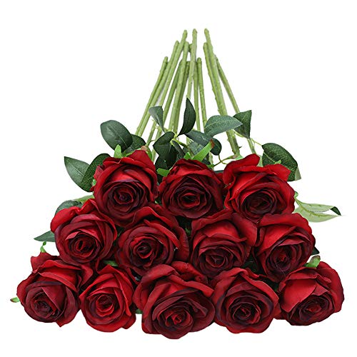 Tifuly 12 PCS Künstliche Rosen, 19,68 '' Single Long Stem Fake Rose Seide Braut Hochzeitsstrauß Realistische Blume für Hausgarten Party Hotel Büro Dekor (Blüten Rosen,Burgund)