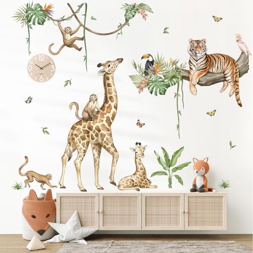 wondever Wandtattoo Dschungel Tiere Baum Zweig Wandaufkleber Safari Giraffe Tiger Affe Wandsticker Wanddeko für Kinderzimmer Jungen Babyzimmer
