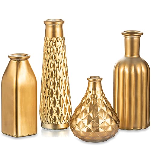 Hewory Vergoldete Glasvase Golden Vasen Klein Vase 4er Set, Modern Mini Glas Vasen Hochzeit Deko Luxus Blumenvase für Tischdeko, Kunst Kreative Geschenkideen 22cm