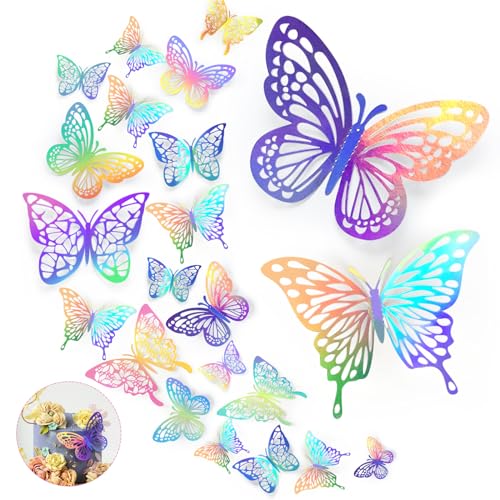 3D Schmetterlinge Deko, MXTIMWAN 48pcs Bunter Laser Schmetterling Deko, Spiegel Schmetterling Aufkleber Acryl Silber 3D Schmetterlinge Abnehmbare Butterfly Wandsticker Party Dekoration,4Stile,3Größen