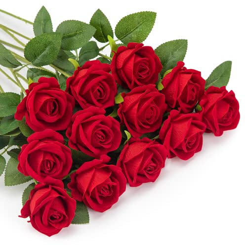OWLKELA 12 Stück Rot Künstliche Rosen, Künstliche Flanellblumen, Künstliche Blumen, Einzelne Langstielige Blumen, Realistische Dekorative Blumen für Hochzeit, Haus, Garten, Dekoration