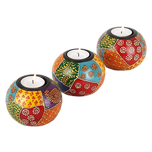 Teelichthalter Anila 3er Set bunt orientalisch handbemalt Echtholz indische Kerzenhalter für Teelichter | Originelle Geschenk-Idee Weihnachten Muttertag Tisch-Deko | RK201