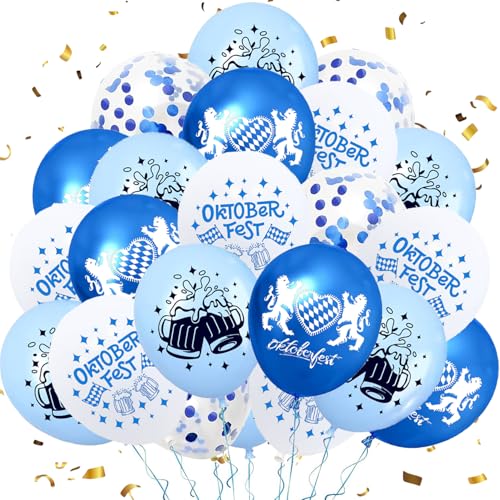 24 Stück Oktoberfest Luftballons Deko, 11'' Weiß Blau Latexballons mit Oktoberfest Motiven und Konfetti, Heliumballon Deko für Bayerische Deko Oktoberfest Deko