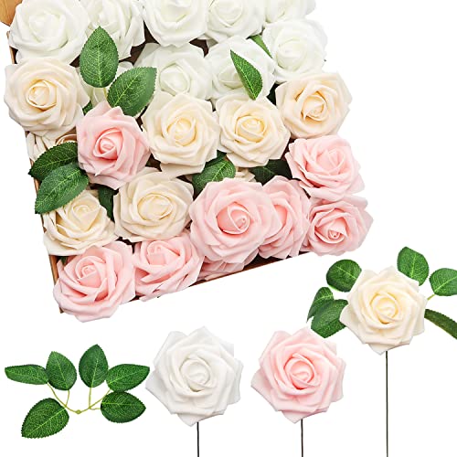 Künstliche Rosen, 25 Stück Künstliche Blumen Rosen, Schaumrosen, Kunstblumen, Deko Blumen, Fake Rose mit Stielen DIY Hochzeit Blumensträuße Braut Babydusche Party Zuhause Dekoration (Gemischte Farbe)