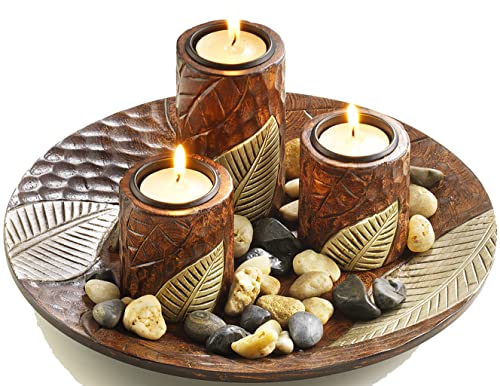 Kobolo Teelichthalter Dekoschale braun rund mit DREI Kerzenhaltern