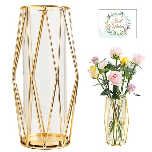 SAMISO Gold Vasen Deko für Pampasgras,Hochbodenvase mit Metallgestell,22 cm Geometrische Deko Vase Große Zylindervasen,für Wohnzimmer Hochzeit Tisch Badezimmer Esstisch Herzstück Für Die Hochzeit